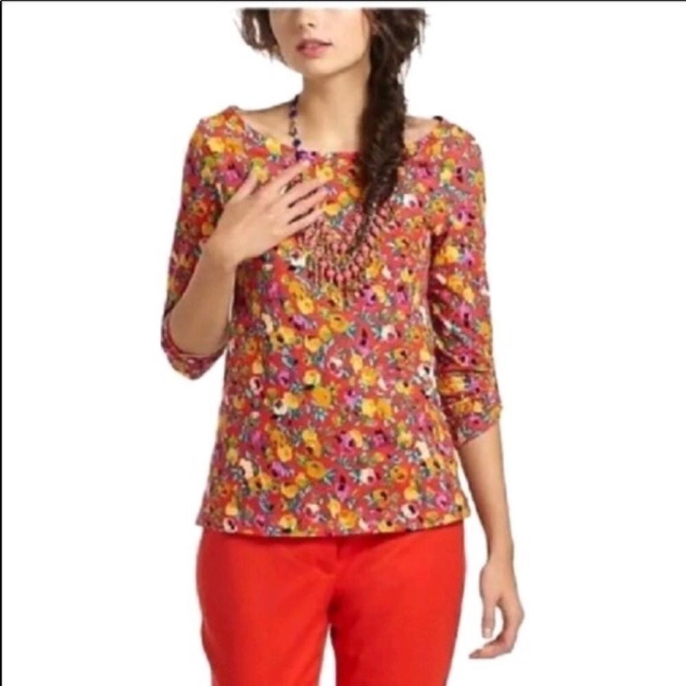 ANTHROPOLOGIE | POSTMARK Colorful Floral Boatneck Top 3/4 Sleeve Women’s Size S